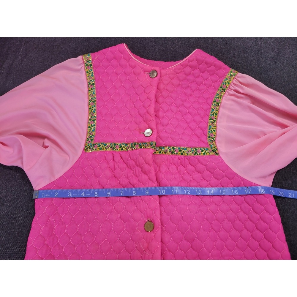 Vintage 60's Quilted Robe Gold Floral Trim Flowy Sleeve Hot Pink Maxi Mod M - Picture 12 of 16